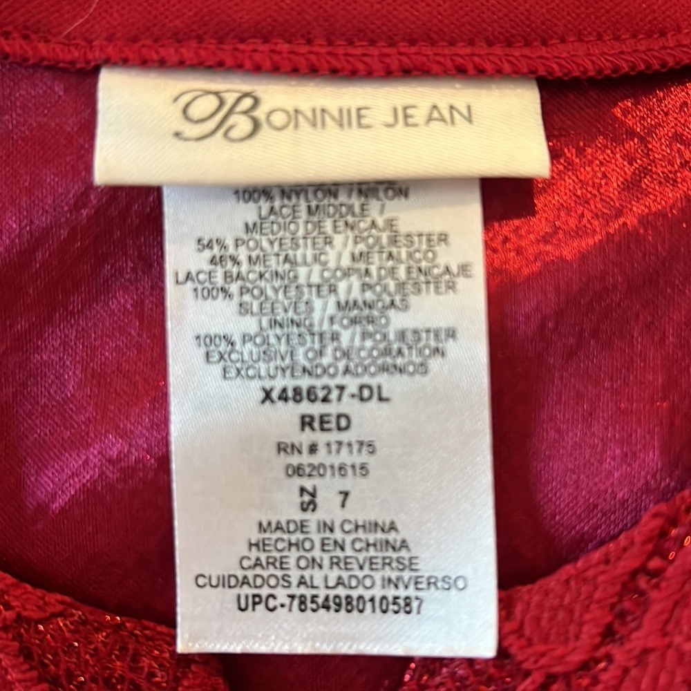 Bonnie Jean Girls Dress Size 7 Red Lace Fit & Flare Long Sheer Sleeves Holiday - Picture 3 of 7